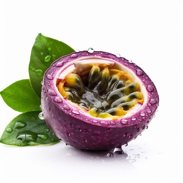 A passion fruit with a green leaf on the side