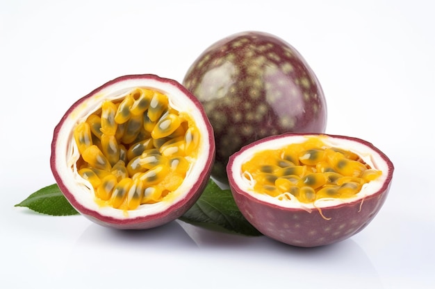 A passion fruit with the seeds cut in half.