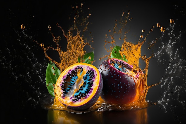 Passion fruits splash isolated on black background