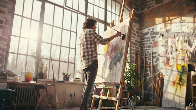 Photo passionate artist working on large abstract canvases in a sunlit studio