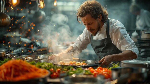 Photo passionate chef preparing gourmet dish in rustic kitchen during evening service