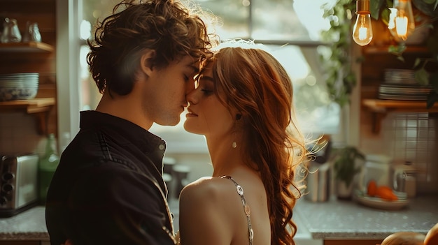 Passionate Embrace of a Loving Couple in the Warm Kitchen Bathed in Morning Light