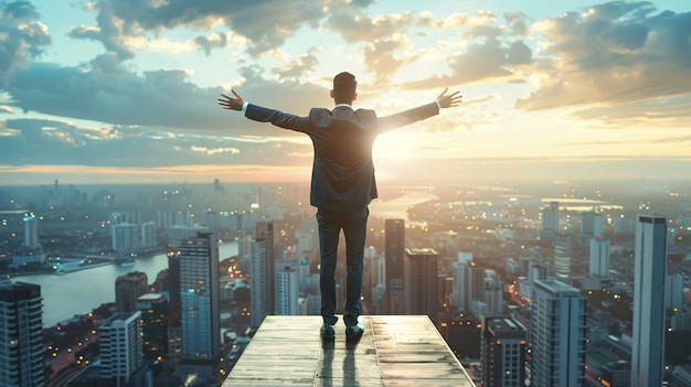 A passionate entrepreneur standing on a rooftop overlooking a vibrant cityscape arms outstretched symbolizing ambition and determination