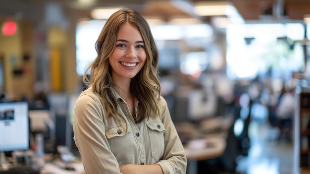 Passionate Female Journalist Smiling in Newsroom with Desks and Computers