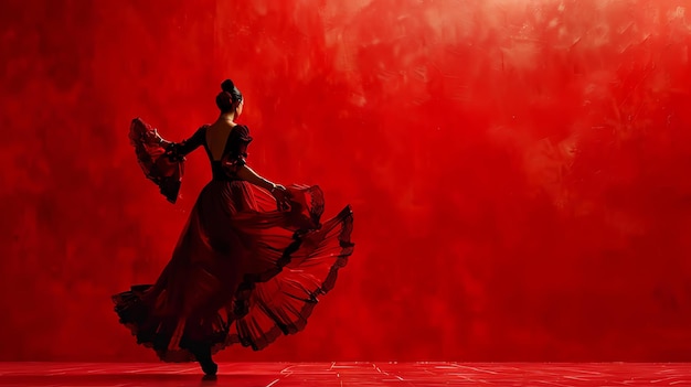 Photo passionate flamenco dancer in a long red dress is dancing with her arms outstretched