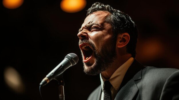 Photo passionate male singer performing on stage with microphone in hand expressive and intense performance