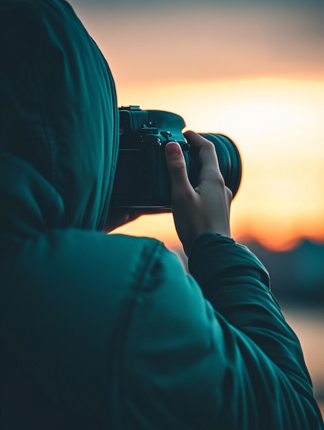 Photo passionate photographer capturing sunset moments