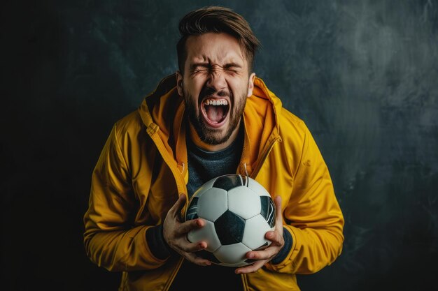 Photo passionate soccer fan celebrating victory with ball