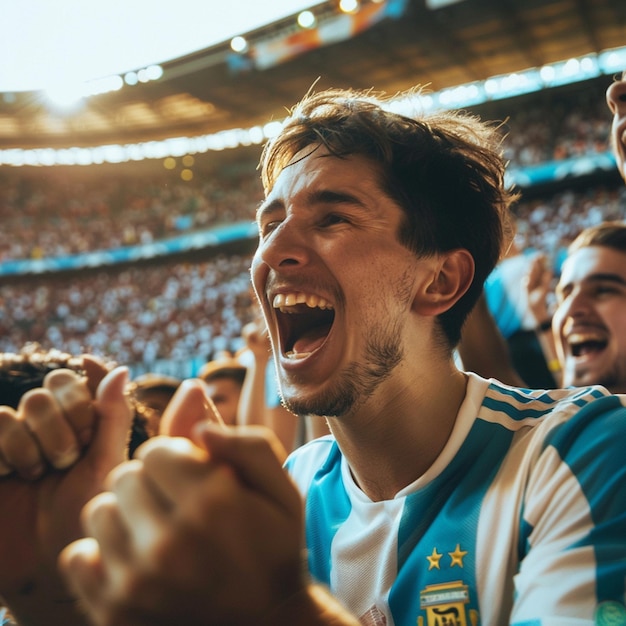 Passionate Soccer Fans Cheering in Stadium Argentina Team Supporters