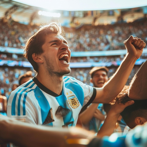 Passionate Soccer Fans Cheering in Stadium Argentina Team Supporters