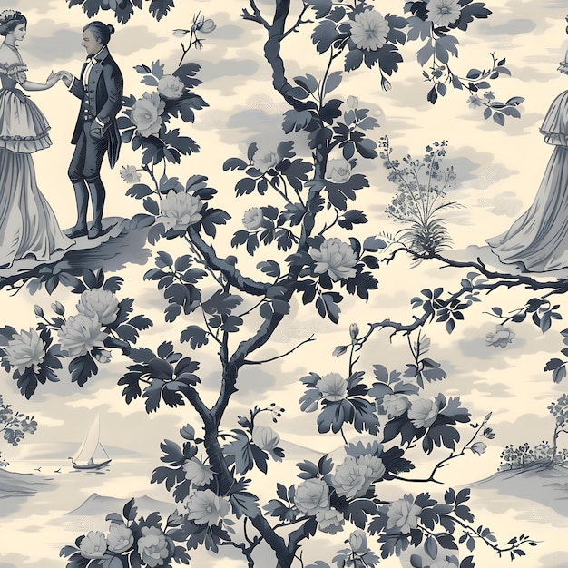 Passionate Toile de Jouy Seamless Pattern of Starcrossed Lovers Meeting in Fragrant Orchards