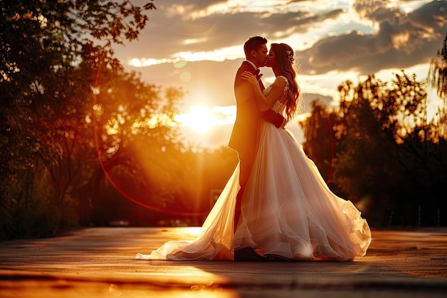 Passionate wedding dance at sunset a delighted couple embracing in elegant attire outdoors