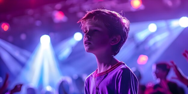 Passionate young boy performing on stage with spotlights and enthusiastic audience Concept Talent Show Stage Performance Young Performer Spotlights Enthusiastic Audience