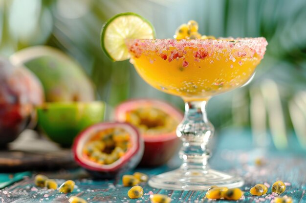 Photo passionfruit margarita with passionfruit and lime served in a margarita glass exotic market