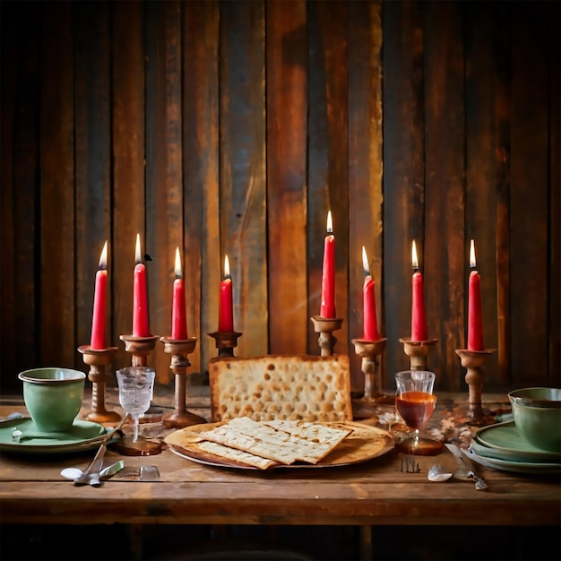 Photo passover celebration concept matzah red kosher and walnut on wooden vintage table table in front