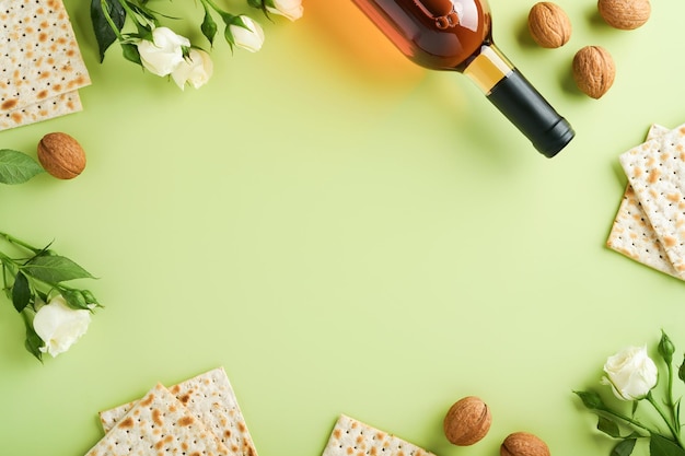 Passover celebration concept Matzah red kosher wine walnut and spring beautiful rose flowers Traditional ritual Jewish bread on light green background Passover food Pesach Jewish holiday