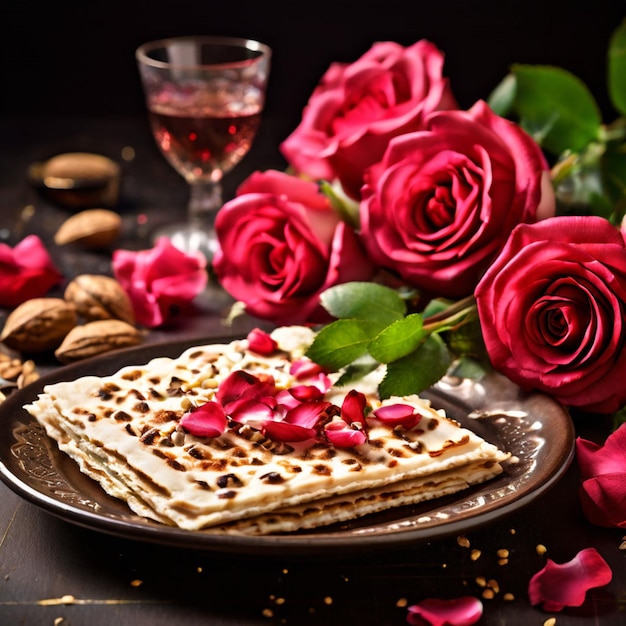 Passover celebration concept Matzah red kosher wine walnut and spring beautiful rose flowers