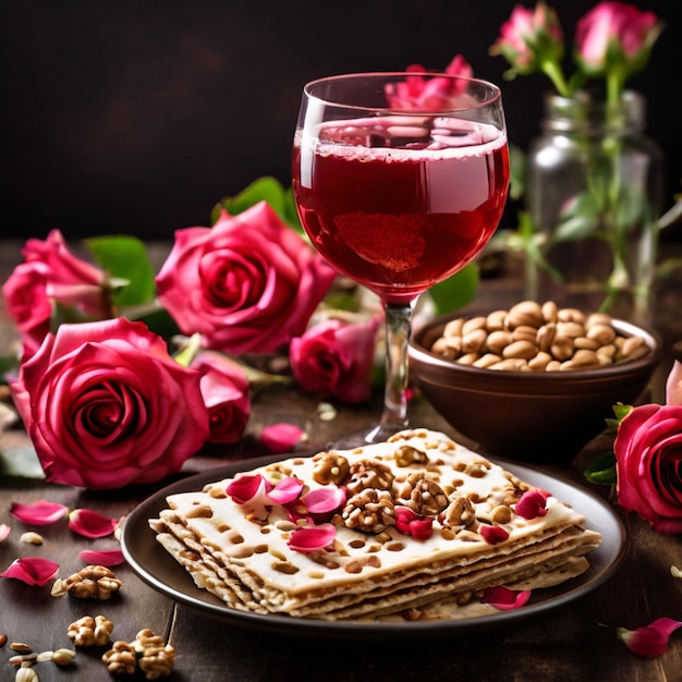 Passover celebration concept Matzah red kosher wine walnut and spring beautiful rose flowers