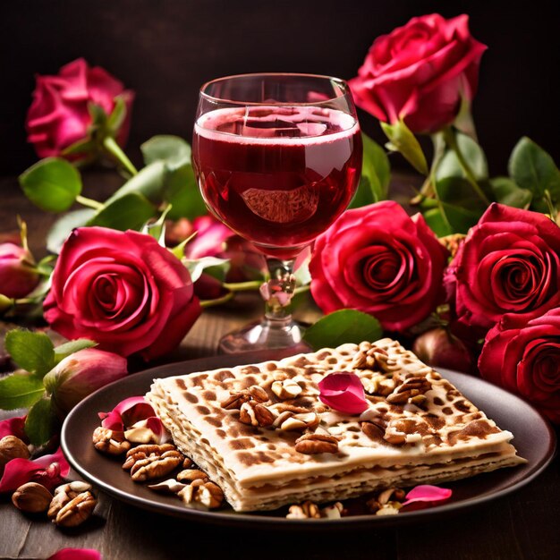 Passover celebration concept Matzah red kosher wine walnut and spring beautiful rose flowers