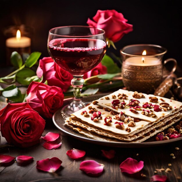 Passover celebration concept Matzah red kosher wine walnut and spring beautiful rose flowers