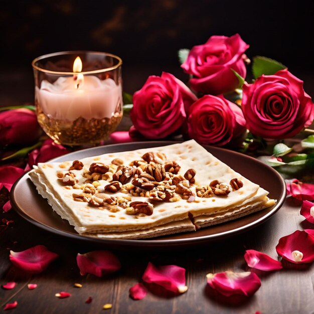 Passover celebration concept Matzah red kosher wine walnut and spring beautiful rose flowers