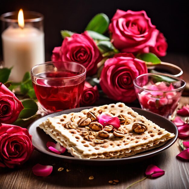 Passover celebration concept Matzah red kosher wine walnut and spring beautiful rose flowers