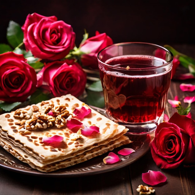 Passover celebration concept Matzah red kosher wine walnut and spring beautiful rose flowers