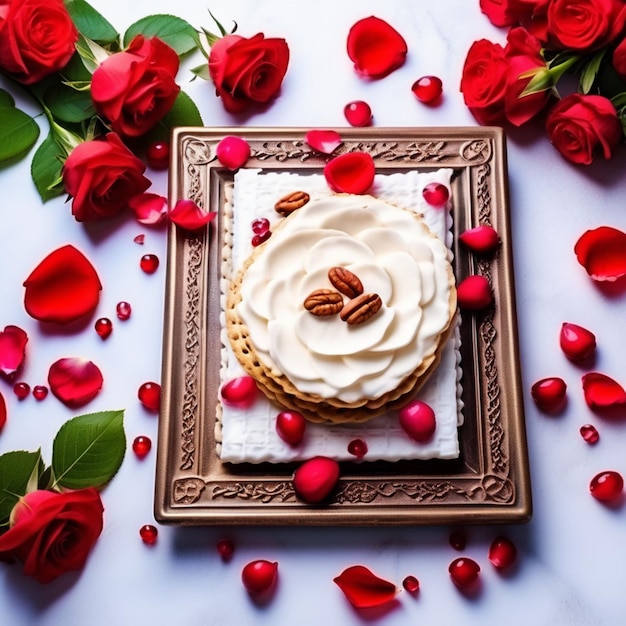 Passover celebration concept Matzah red kosher wine walnut and spring beautiful rose flowers