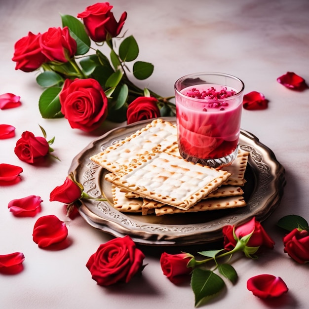 Passover celebration concept Matzah red kosher wine walnut and spring beautiful rose flowers