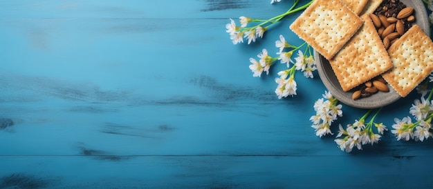 a Passover greeting card is portrayed in the image with matzah nuts and tulip flowers on a blue