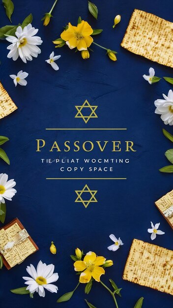 Photo passover greeting template with copy space haggadat pesach book matzah almond flowers star of david