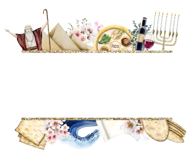 Photo passover horizontal banner template with jewish pesach holiday symbols watercolor illustration