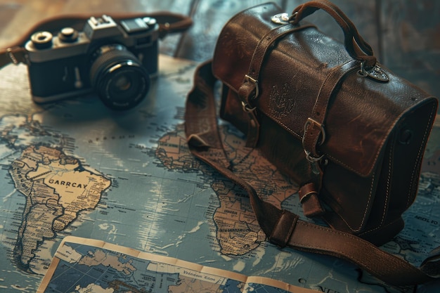 Passport camera and old leather bag on a world map