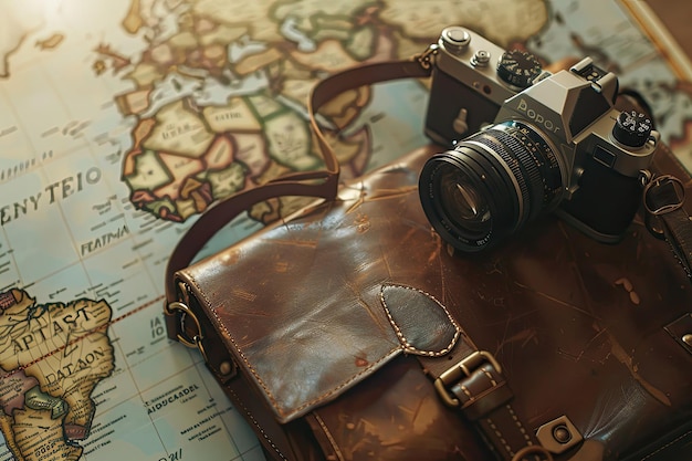 Passport camera and old leather bag on a world map