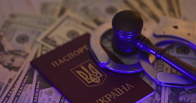 Passport in ukraine with arrest metal handcuffs punishment dollars banknotes cash of light flasher p