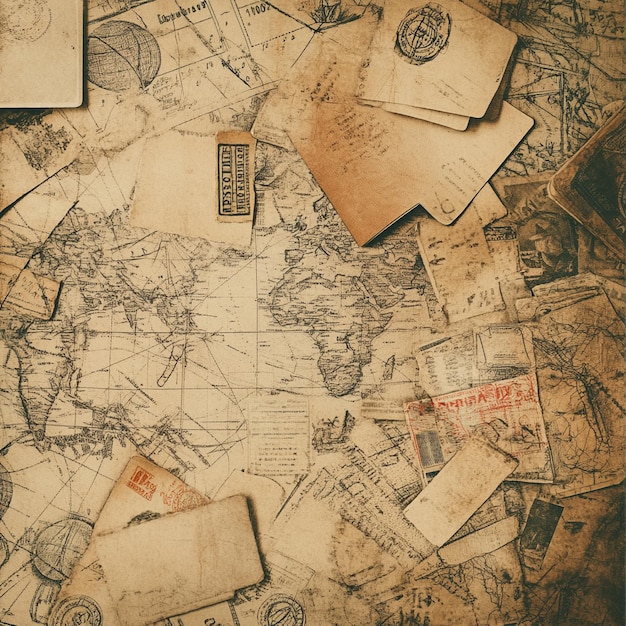 Photo passport visas stamps on sepia textured vintage travel collage panoramic background and web banner v 61 job id ee8586b8743b42a08638104dab96e8c9