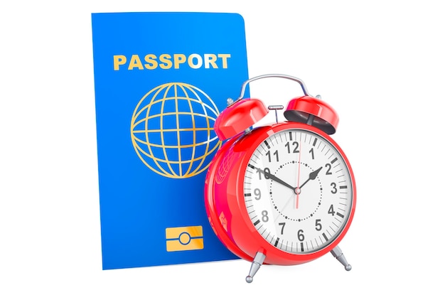 Passport with alarm clock Passport processing times concept 3D rendering