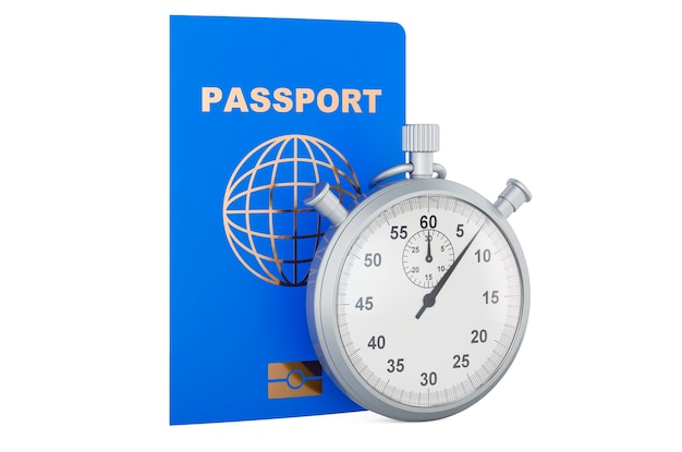 Passport with stopwatch Passport processing times concept 3D rendering