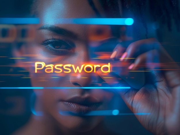 Photo password glowing letters in the hand light hitting the face generative ai art