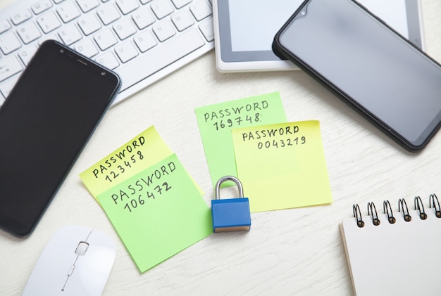 Password message written on sticky notes. Smartphones, padlock on the desk. Password security