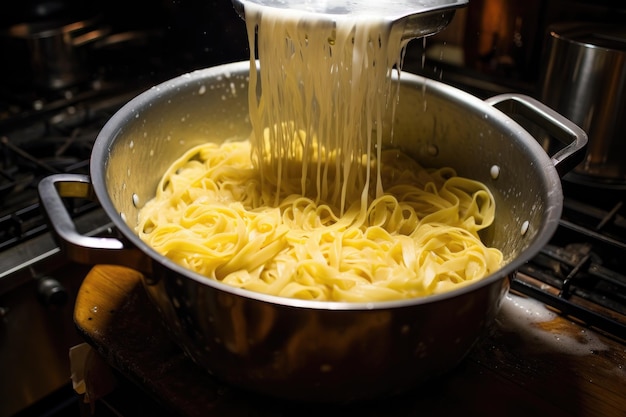 Pasta in a colander being rinsed