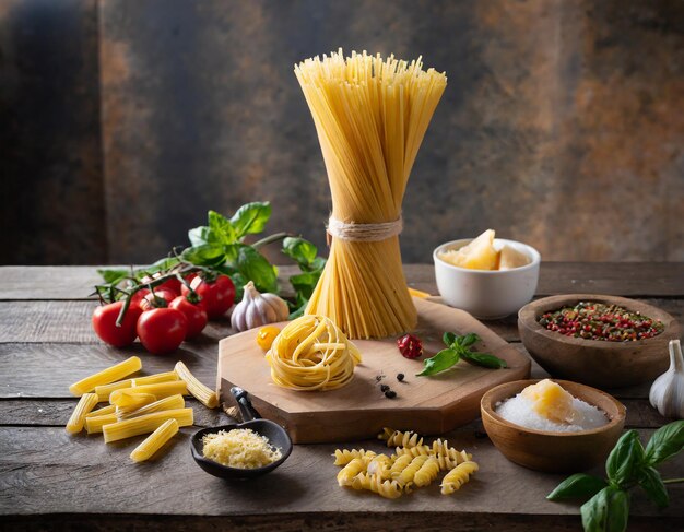 Pasta collection food on wooden table background Raw pasta italian food