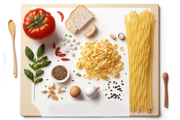 Pasta dish ingredients on a white background with room for your own components