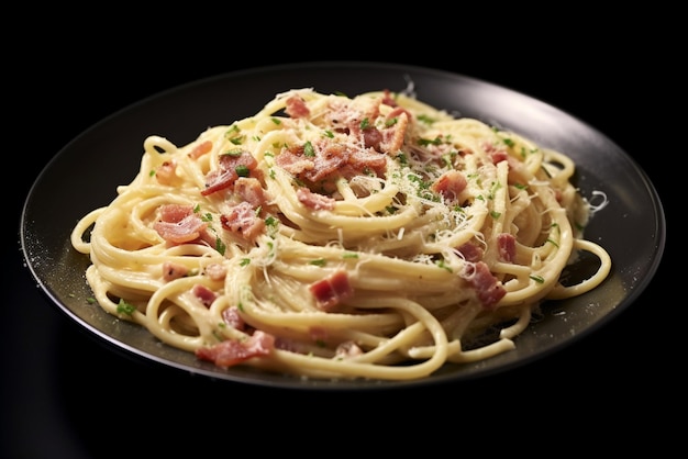 a pasta dish with bacon and parsley on top