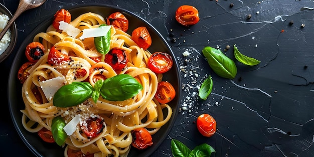 Pasta Dish with Roasted Cherry Tomatoes Basil and Parmesan on Dark Background Concept Food Photography Pasta Dishes Roasted Tomatoes Basil Garnish Dark Background