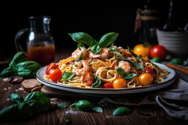 Pasta dish with shrimps cherry tomatoes and basil for summer dinner