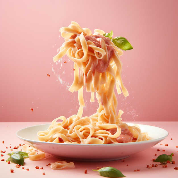 A pasta dish with tomato sauce suspended in midair generated by AI