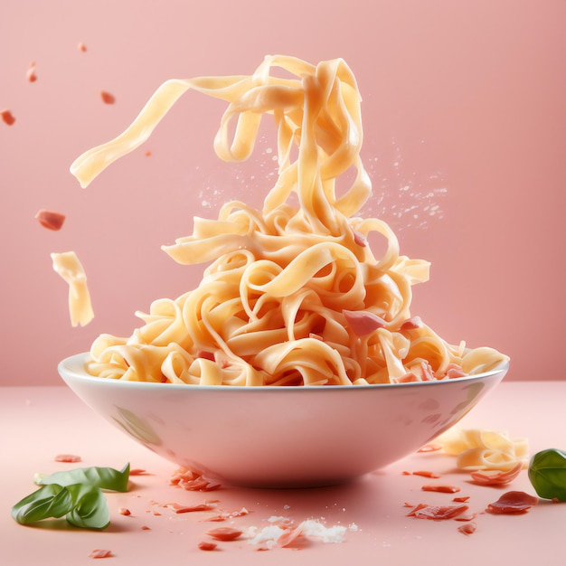 A pasta dish with tomato sauce suspended in midair generated by AI