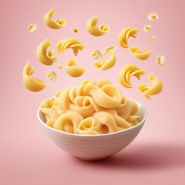 PASTA FLYING IN BOWL LIGHT BULE BACKGROUND