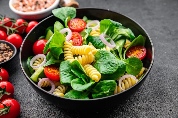 pasta green salad Fusilli tomato cucumber green leaf mix salad healthy meal food snack